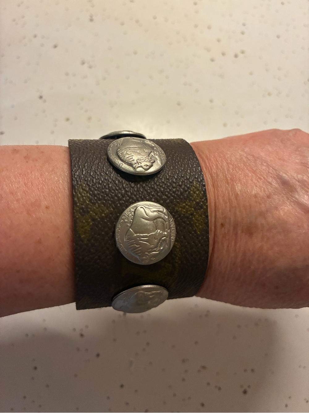 Brown Leather Cuff Bracelet with Coin Studs